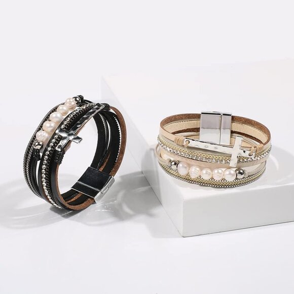Sophisticated Multi-Layer Leather Bracelet with Cross for Fashionable Women - Picture 6 of 7